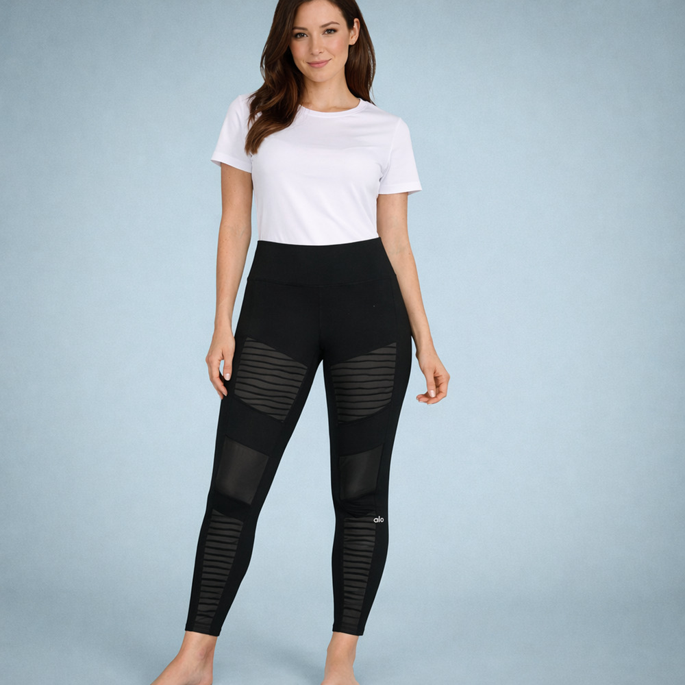 Alo Size XS Black Moto Mesh Panel Pull On Yoga Active Athletic Tight Leggings